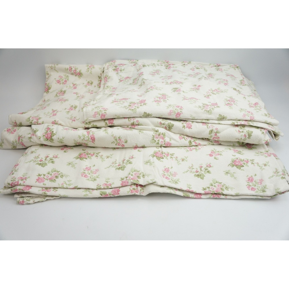 Laura Ashley Rowena Flannel Sheet Set Queen White Pink Floral Cotton Excellent